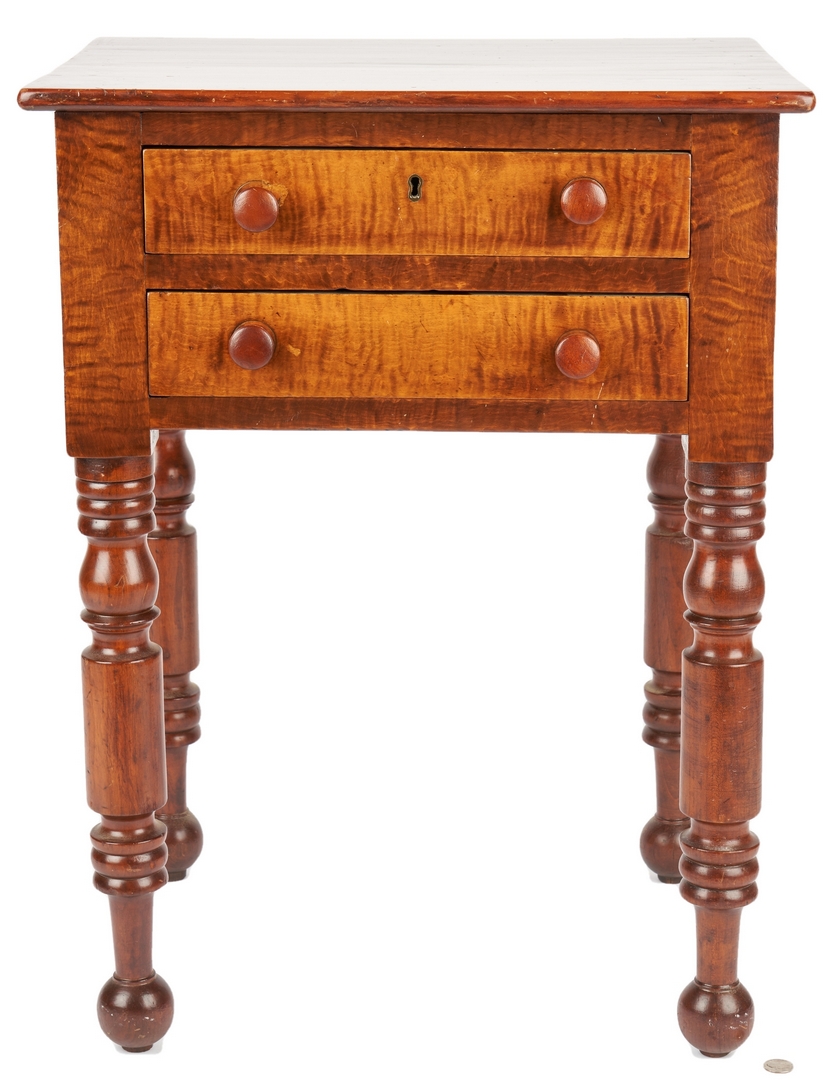 Lot 356: Mid-Atlantic 2-drawer Stand, Tiger Maple Front