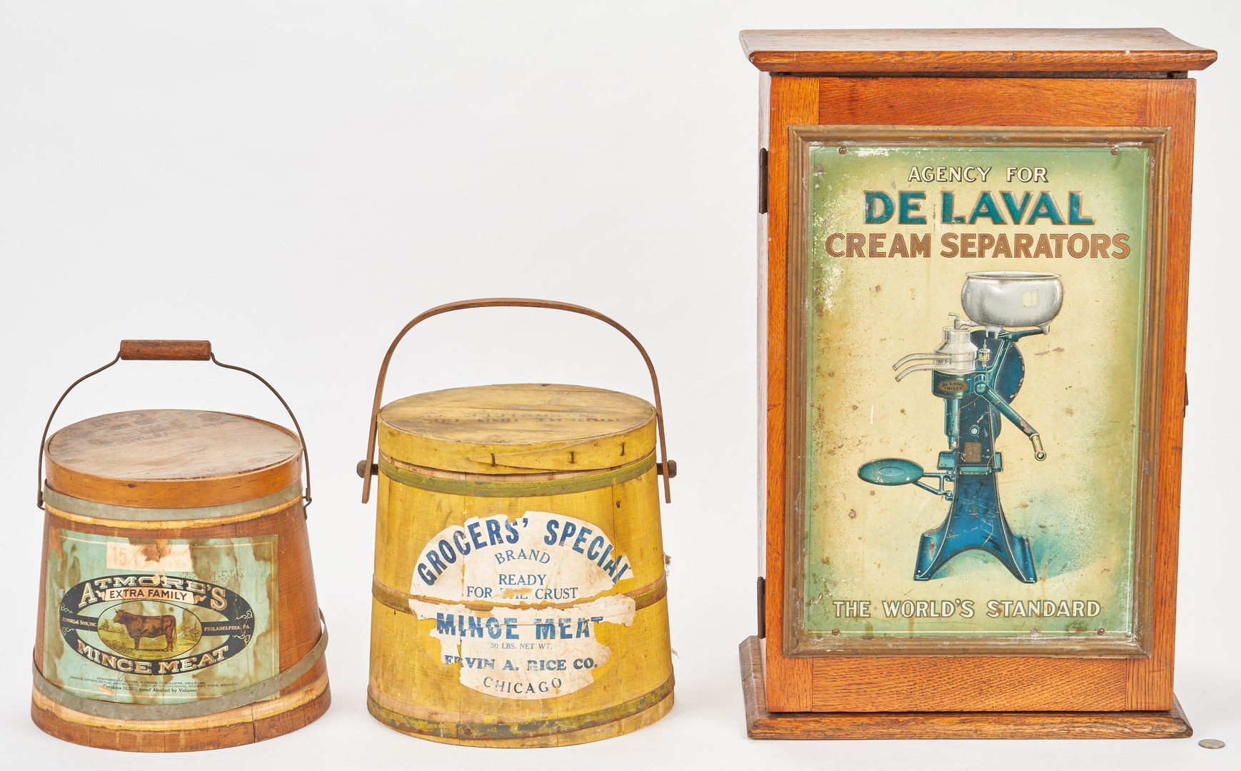 Lot 384: Advertising Cabinet & Firkins, 3 items