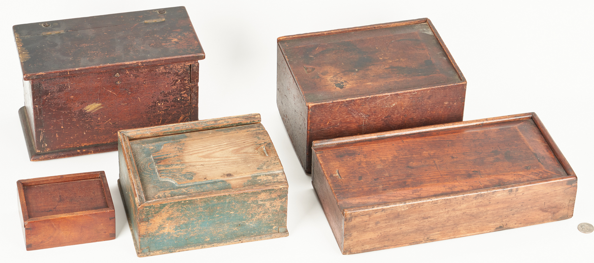 Lot 391: 5 Wooden Storage Boxes, incl. Painted Candle Box