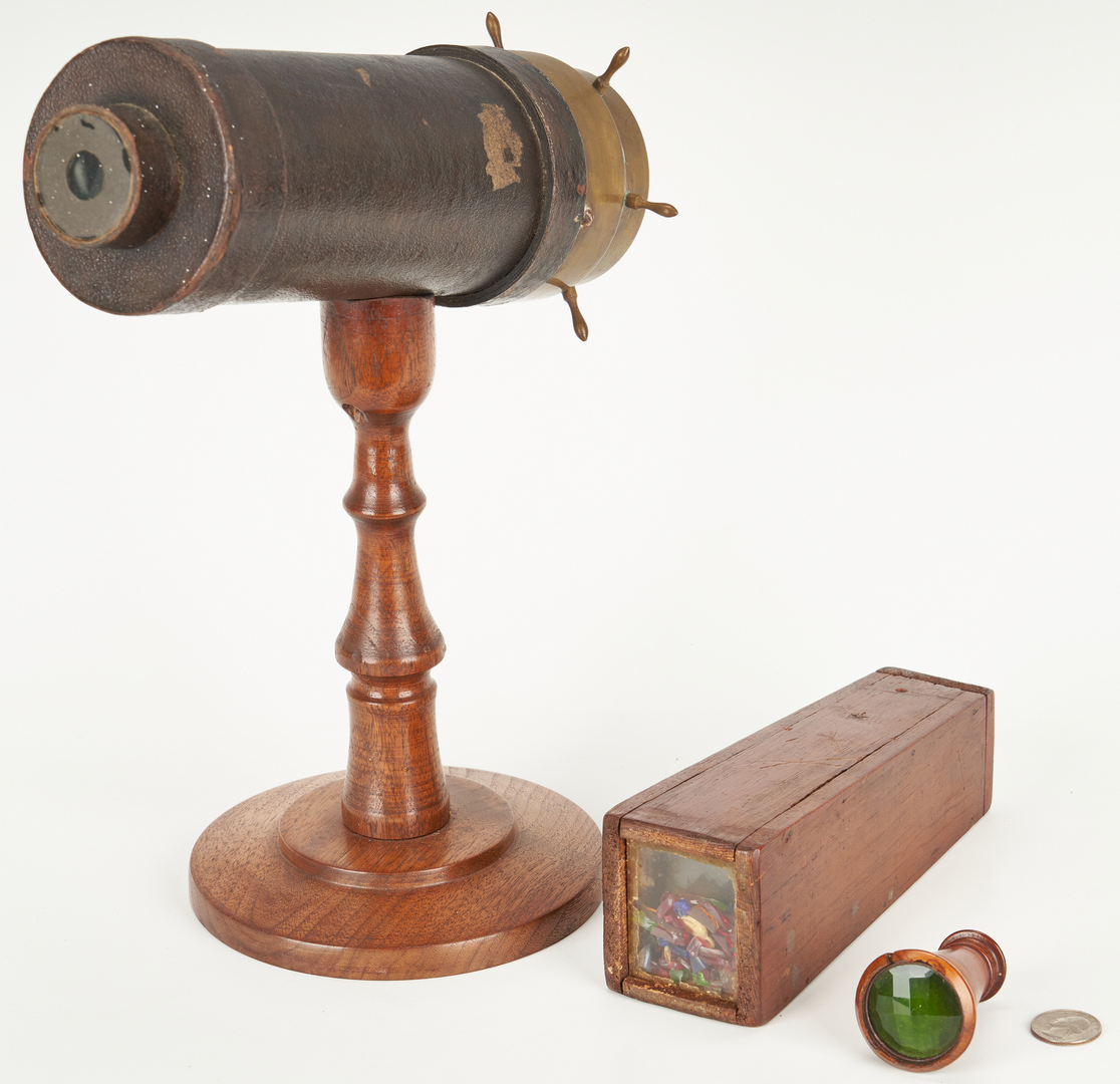 Lot 393: 3 Kaleidoscopes, Game Board and Folk Art Watch Stand