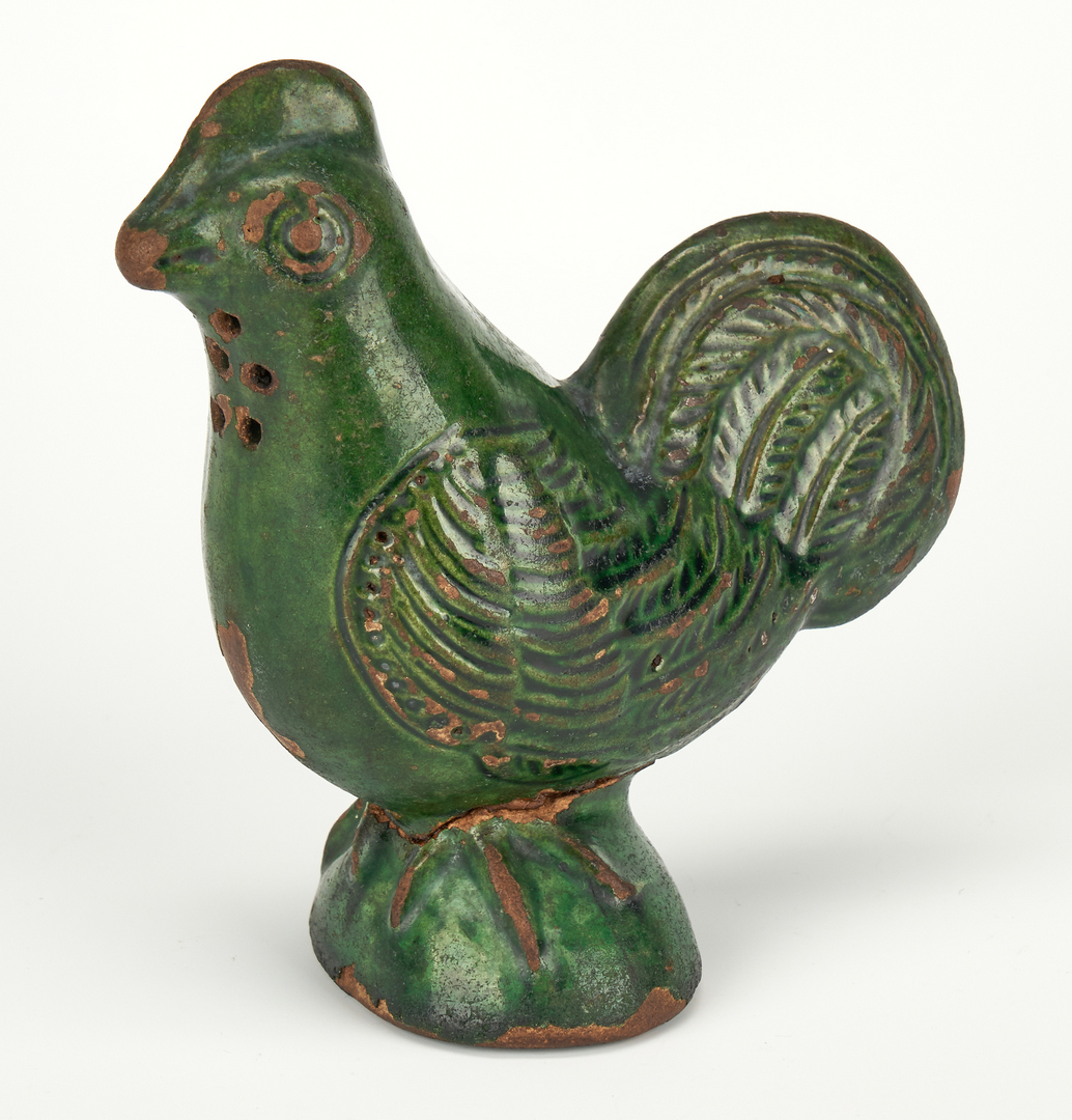 Lot 406: Moravian Green Glazed Pottery Chicken
