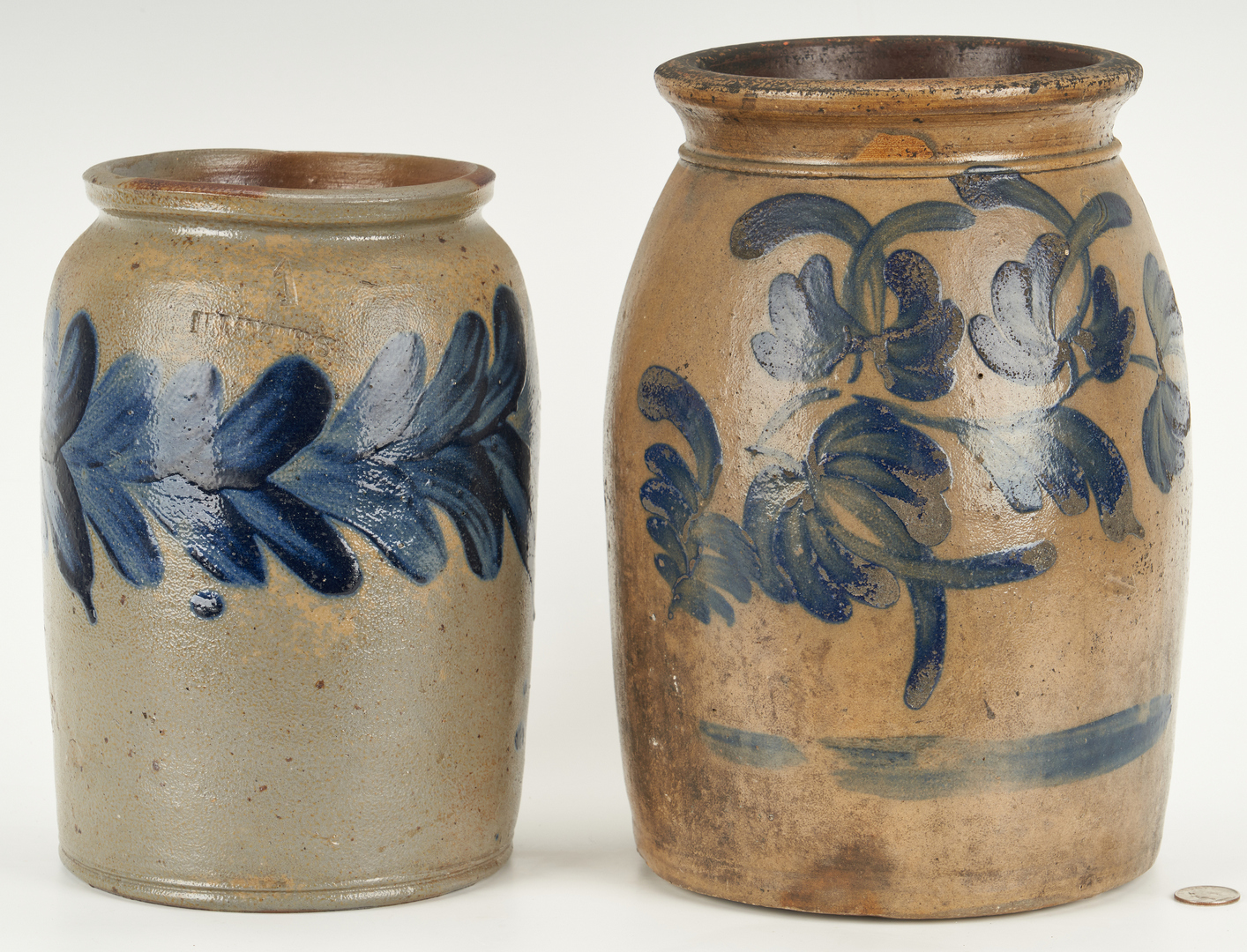 Lot 410: 2 Mid-Atlantic Pottery Jars w/ Cobalt Decoration, incl. Myers-Remmey