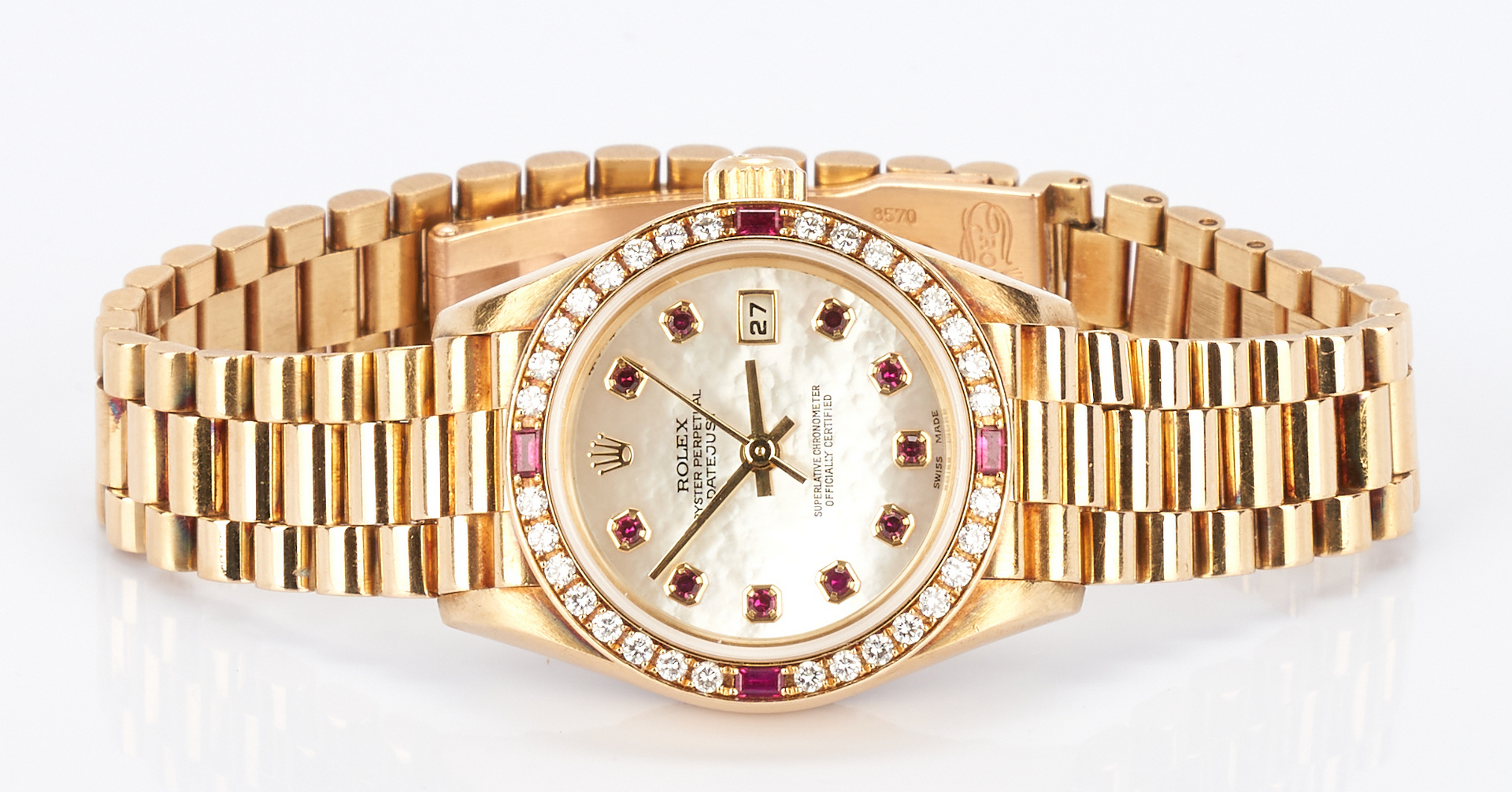 Lot 43: Ladies 18K Rolex Watch w/ Diamond & Ruby Bezel