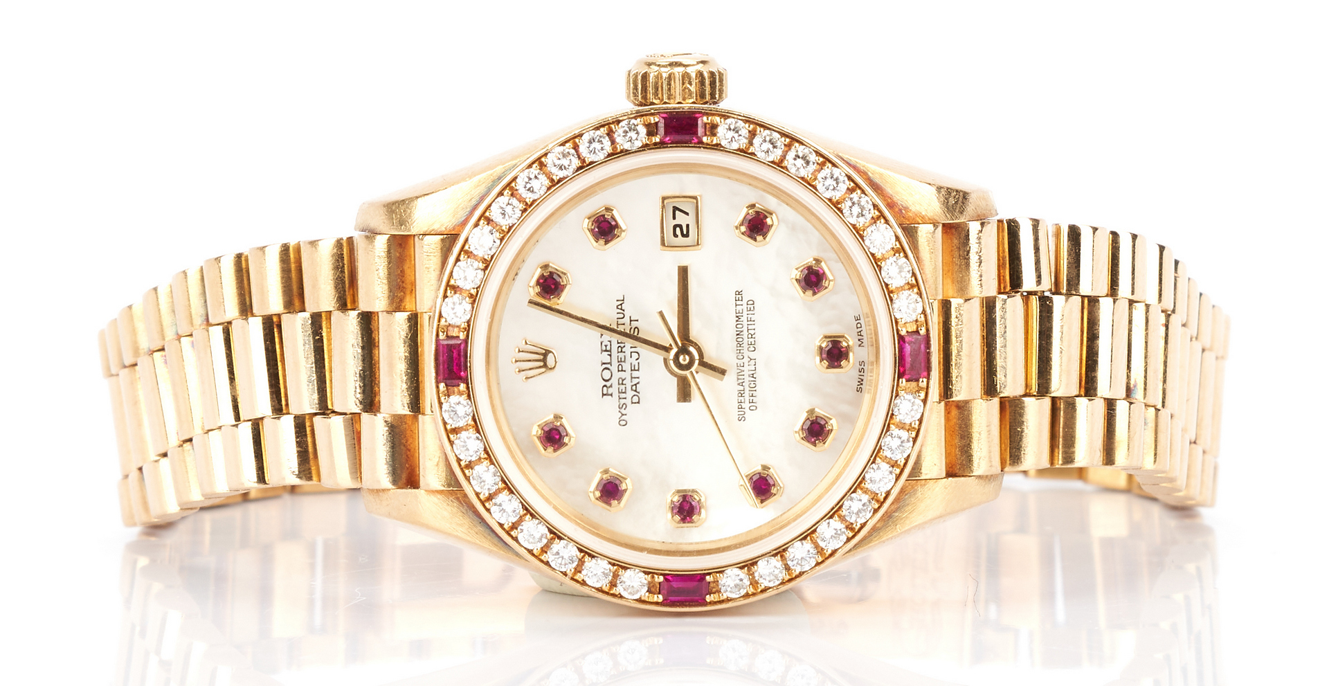 Lot 43: Ladies 18K Rolex Watch w/ Diamond & Ruby Bezel