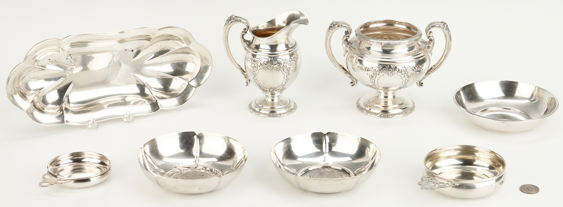 Lot 459: 8 Sterling Hollowware Items incl. coin-inset bowls