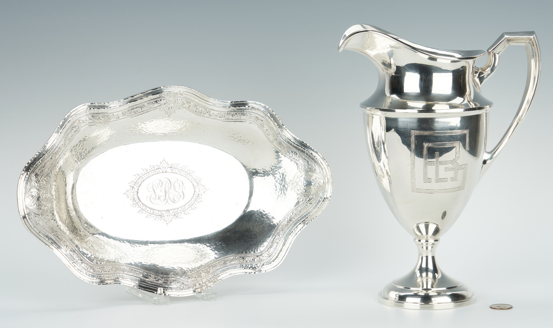 Lot 467: Art Deco Sterling Silver Pitcher and Bread Tray
