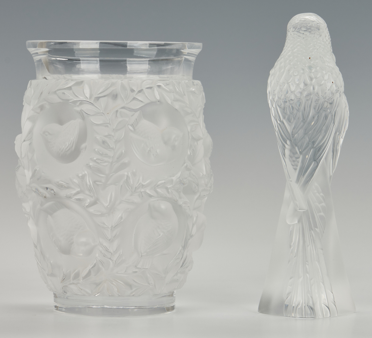 Lot 477: 3 Lalique Nude Figures, Parakeets, & Bagatelle Vase