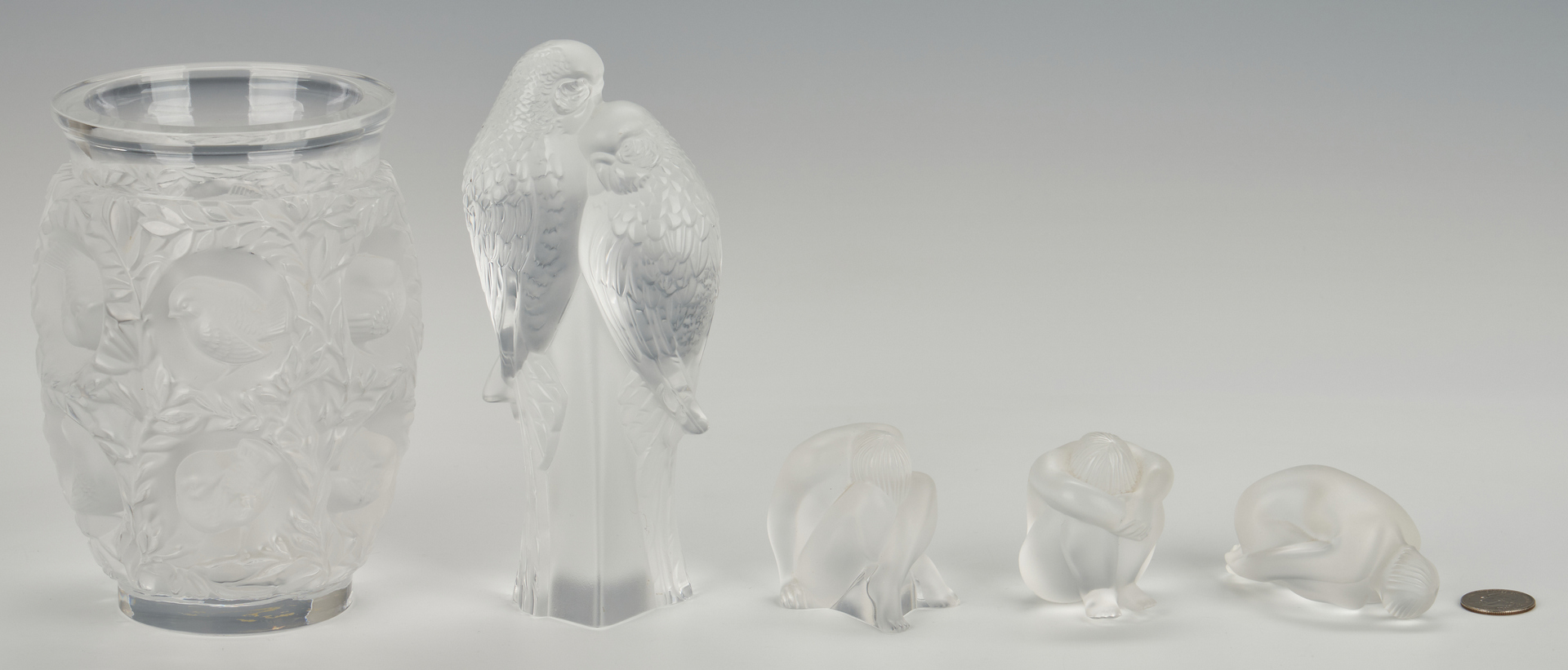 Lot 477: 3 Lalique Nude Figures, Parakeets, & Bagatelle Vase