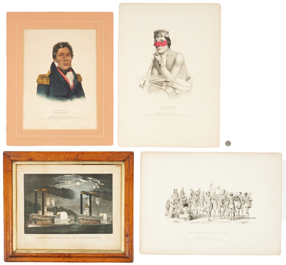 Lot 578: 5 19th C. Lithos. incl. Steamboat Races, Native Americans