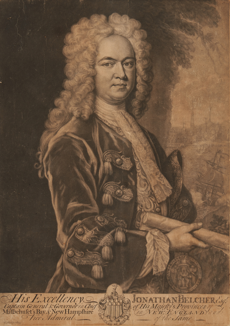 Lot 592: Portrait of Gov. Jonathan Belcher, engraved by Faber
