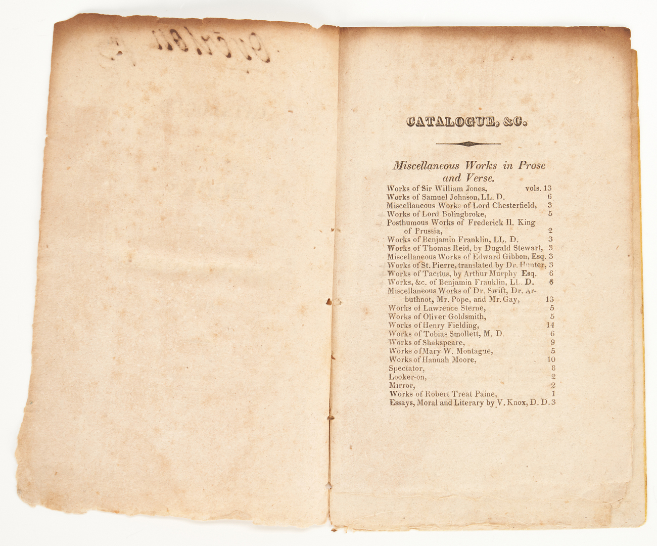 Lot 596: Catalog of Books in the Nashville Library, 1825, John Overton's copy