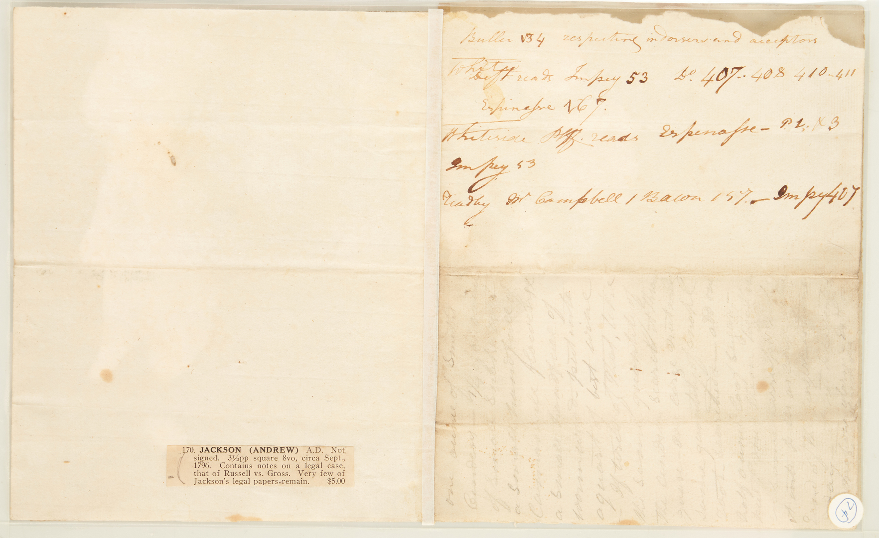 Lot 602: Andrew Jackson 1790s Legal Notes, Slave related