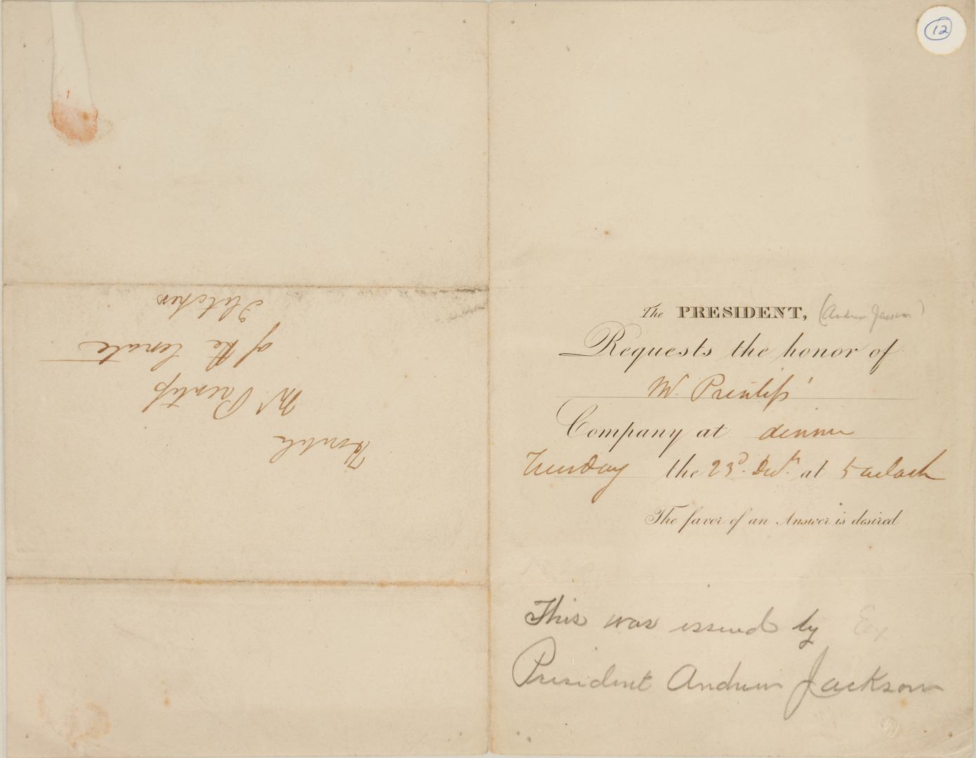Lot 604: 19th c. White House Dinner Invitation, poss Andrew Jackson