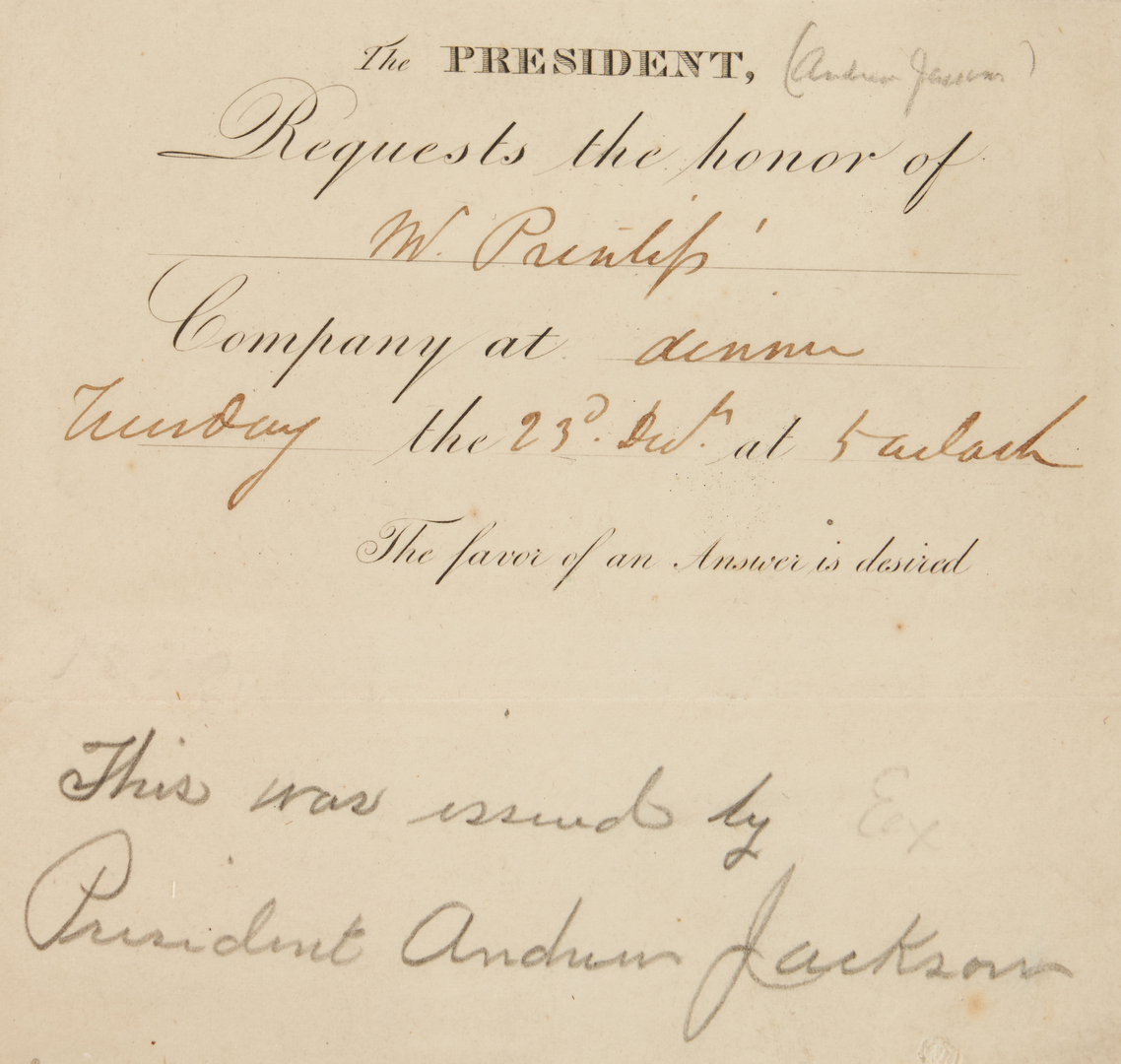 Lot 604: 19th c. White House Dinner Invitation, poss Andrew Jackson