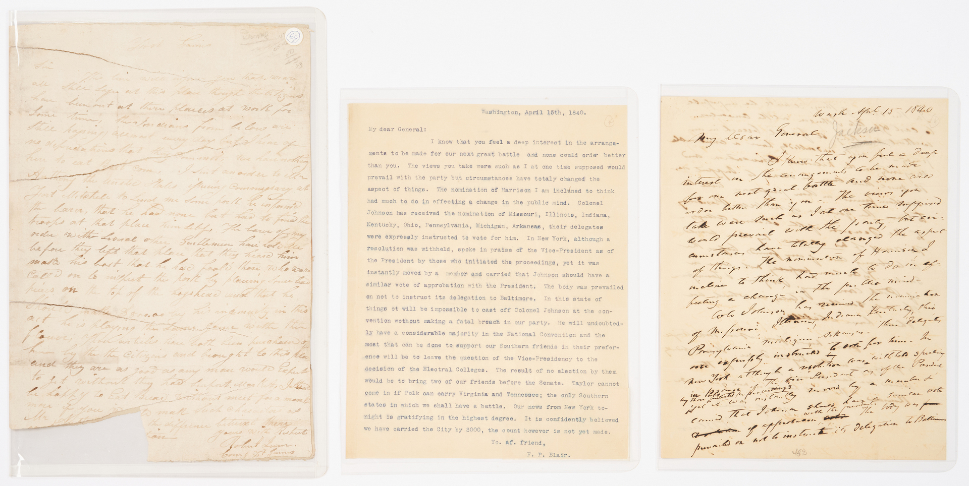 Lot 605: 2 letters to Andrew Jackson inc. Creek War, Francis Preston Blair