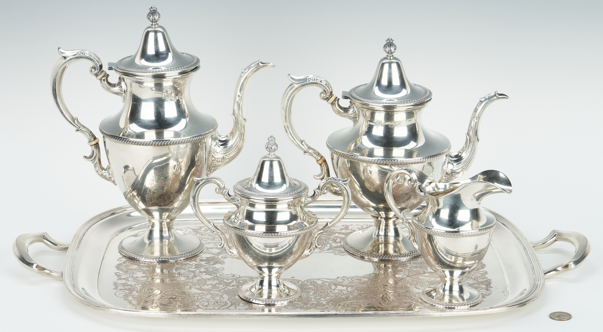 Lot 63: Fisher Sterling 4 pc. Tea Service, w/ plated tray
