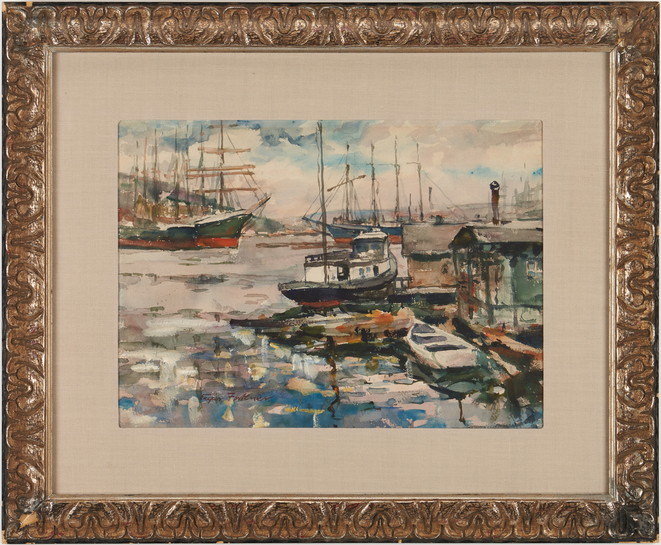Lot 671: Watercolor Harbor Scene, Signed Forkner