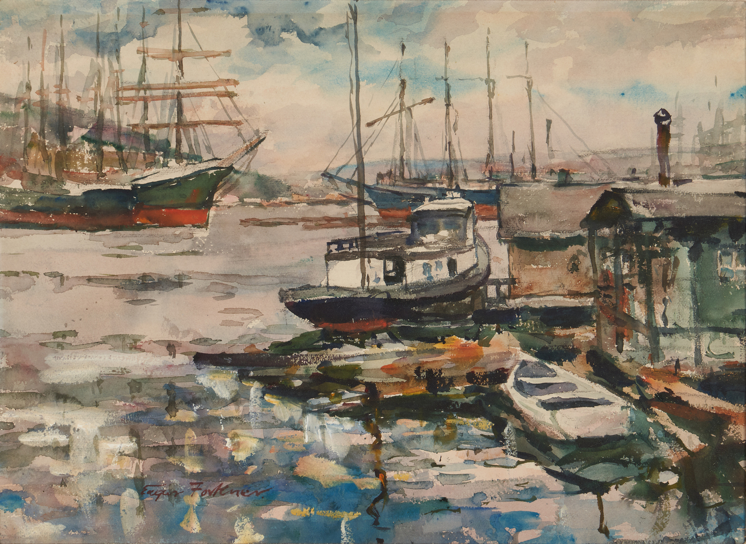 Lot 671: Watercolor Harbor Scene, Signed Forkner