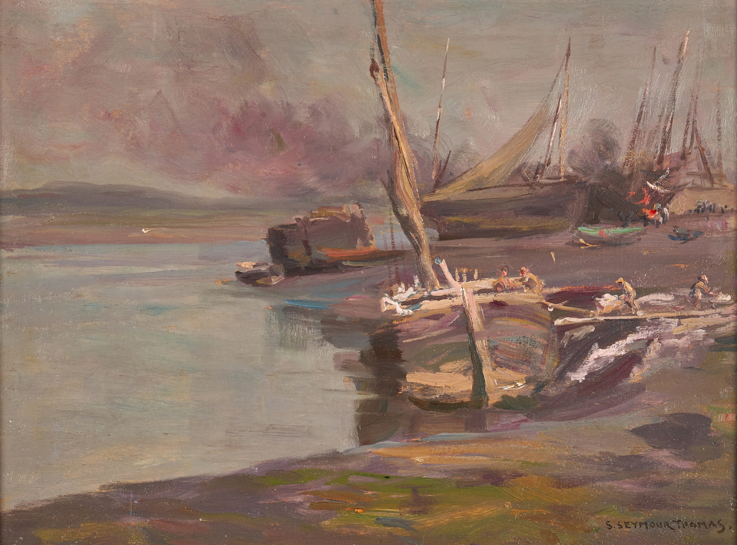 Lot 672: Stephen Seymour Thomas Oil on Panel, "Boats at Dock"