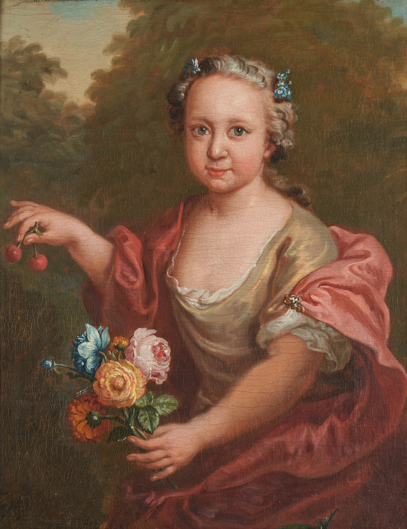 Lot 681: French School 18th C. oil, Girl w/ Cherries and Flowers