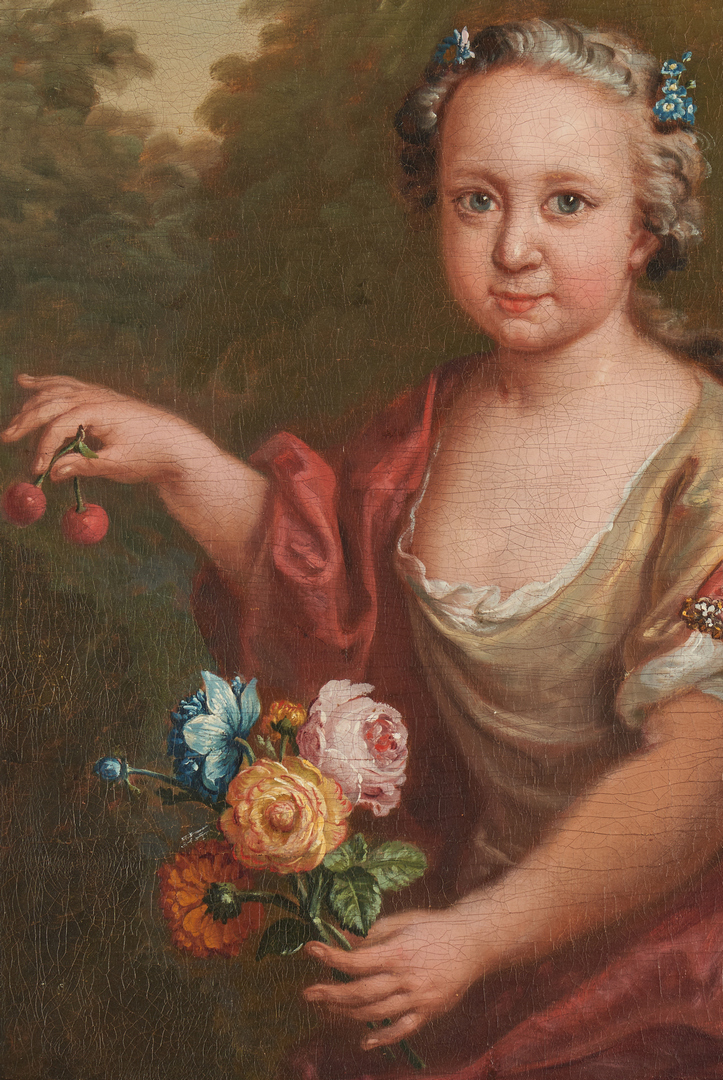 Lot 681: French School 18th C. oil, Girl w/ Cherries and Flowers