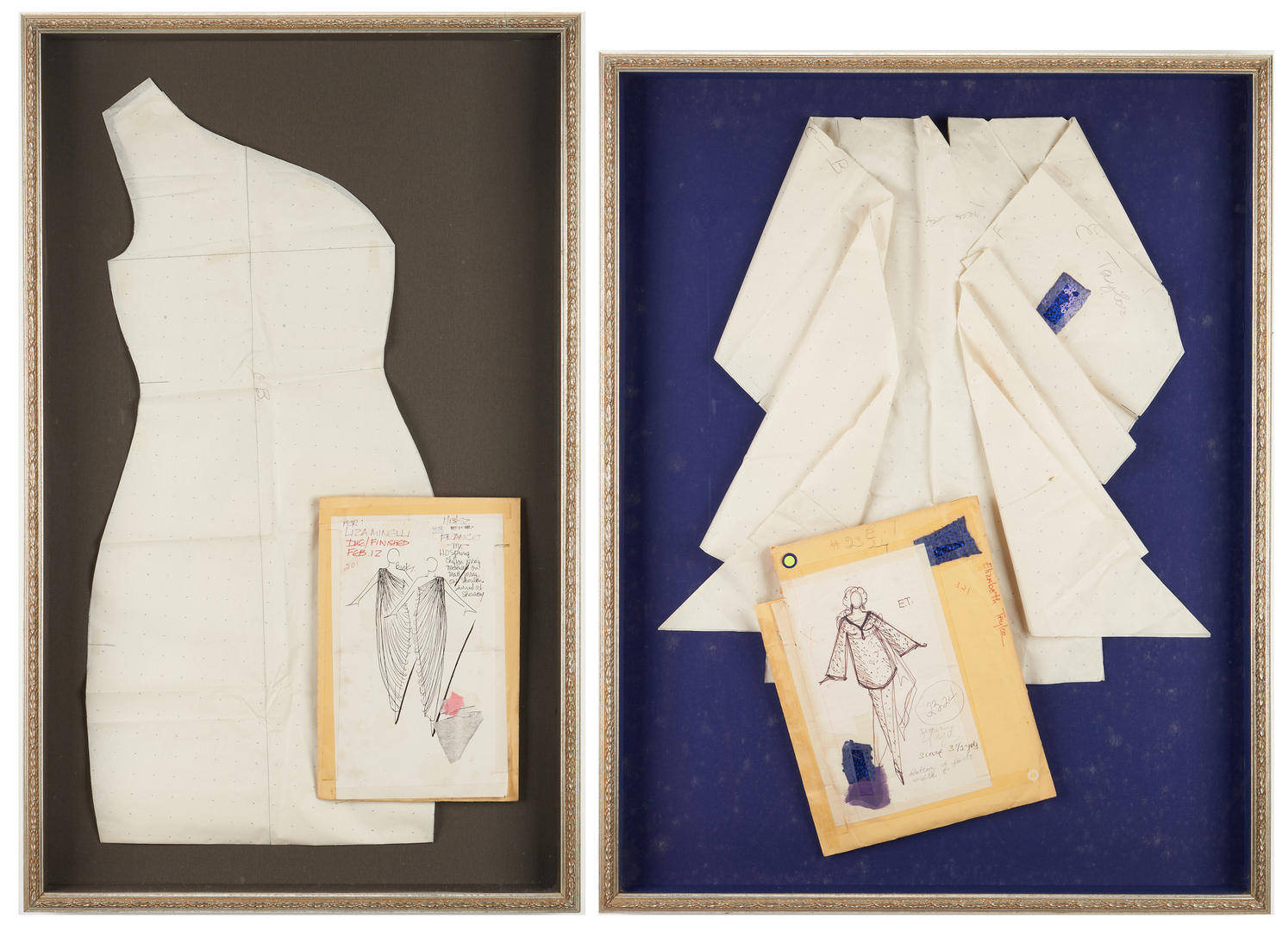 Lot 720: 2 Framed Halston Hollywood Dress Sketches and Patterns