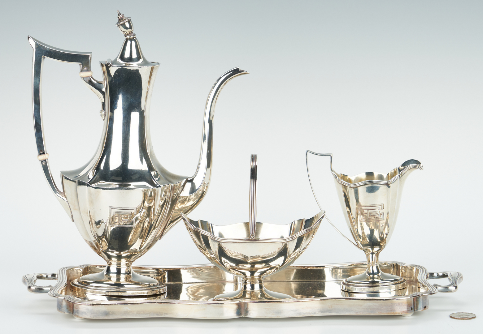Lot 750: Sterling Bachelor's Tea Set with s/p tray