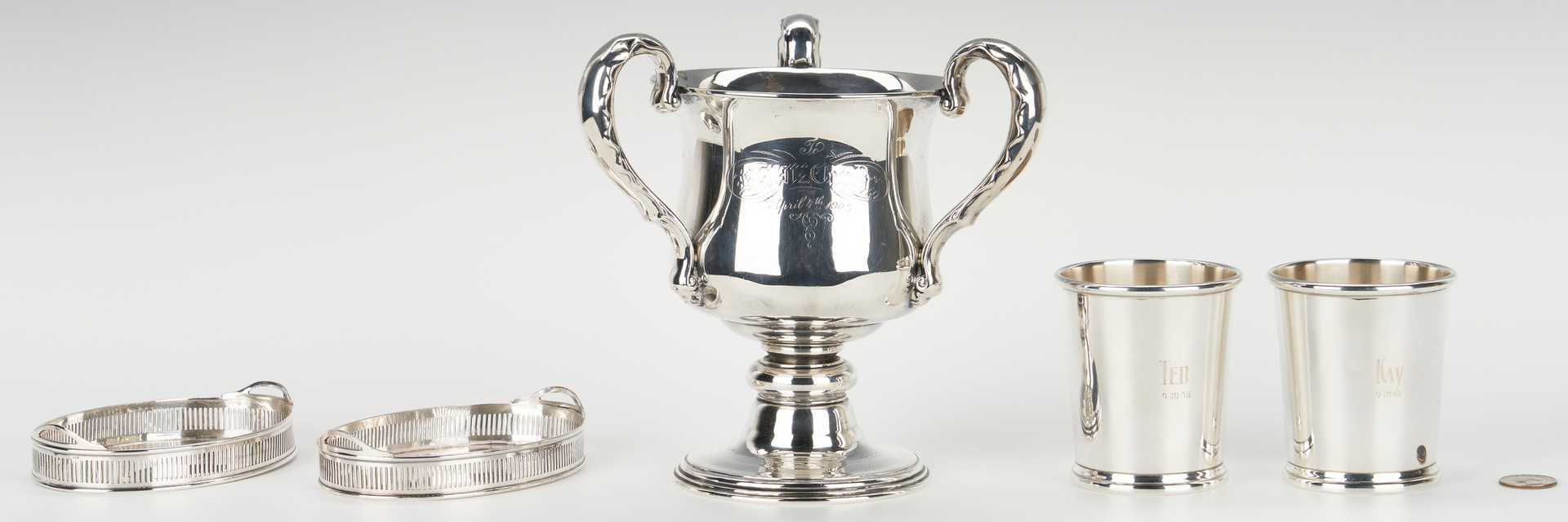 Lot 754: Loving Sterling Cup, Juleps, and miniature trays, 5 items