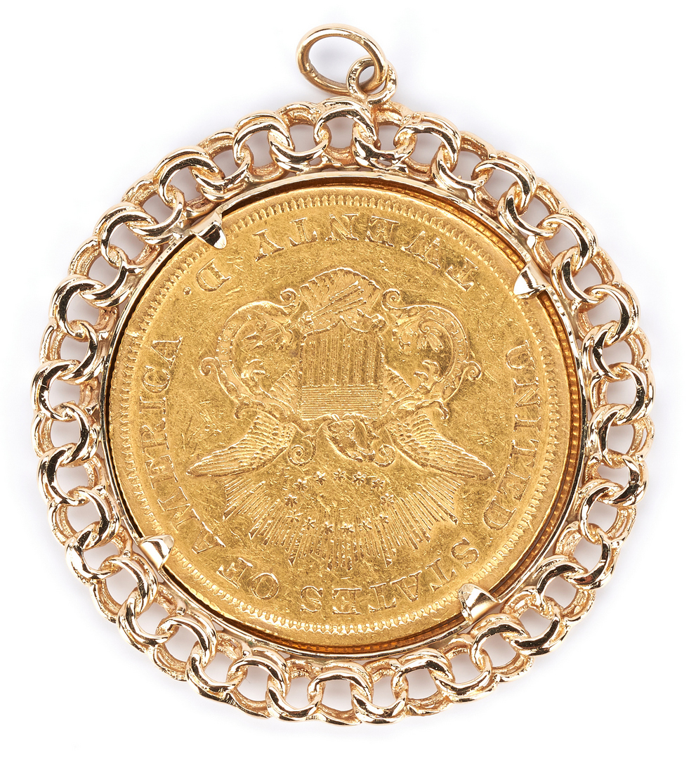 Lot 757: 1850 $20 Gold piece, Mounted, plus 1851 $1 Liberty Head