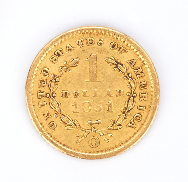 Lot 757: 1850 $20 Gold piece, Mounted, plus 1851 $1 Liberty Head