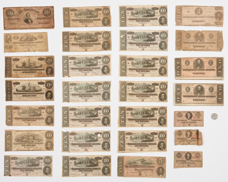 Lot 762: 28 Confederate Bills, incl. $50, $20, $10