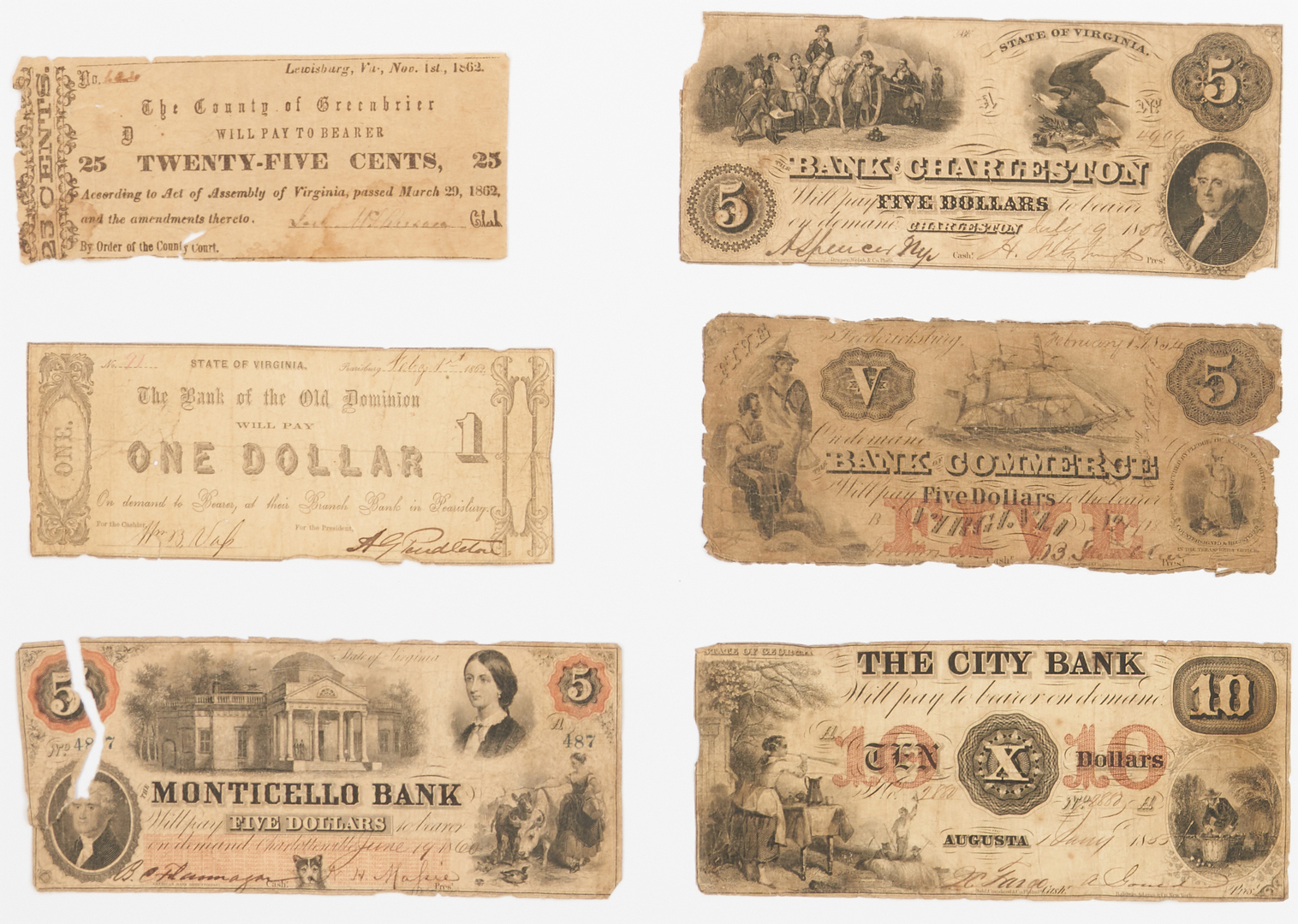 Lot 763: 62 Southern Obsolete Notes, incl. Colonial, Civil War era
