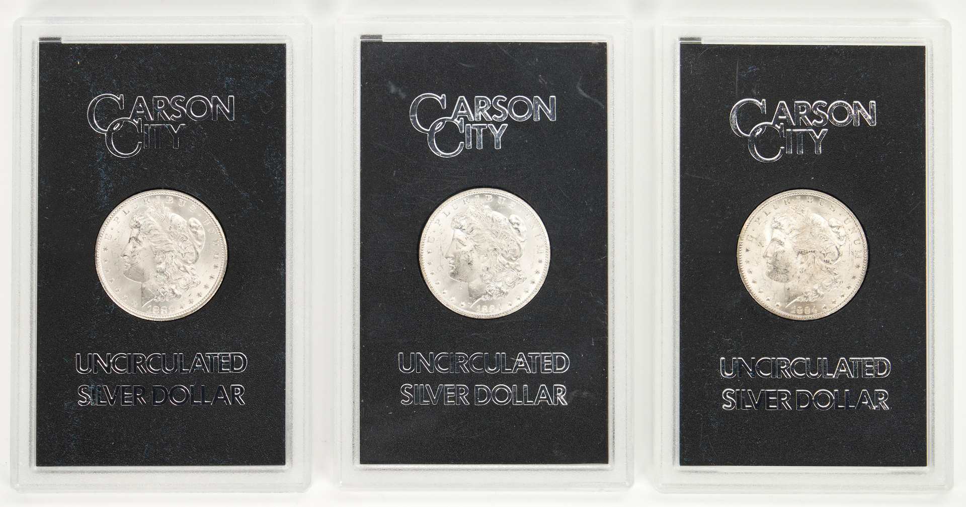 Lot 764: 3 Carson City Morgan Silver Dollars, Uncirculated
