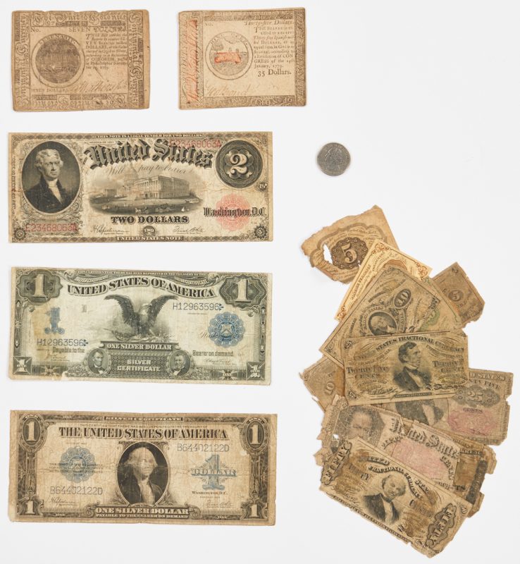 Lot 768: 20 American Notes, incl. Colonial, Silver Certs.