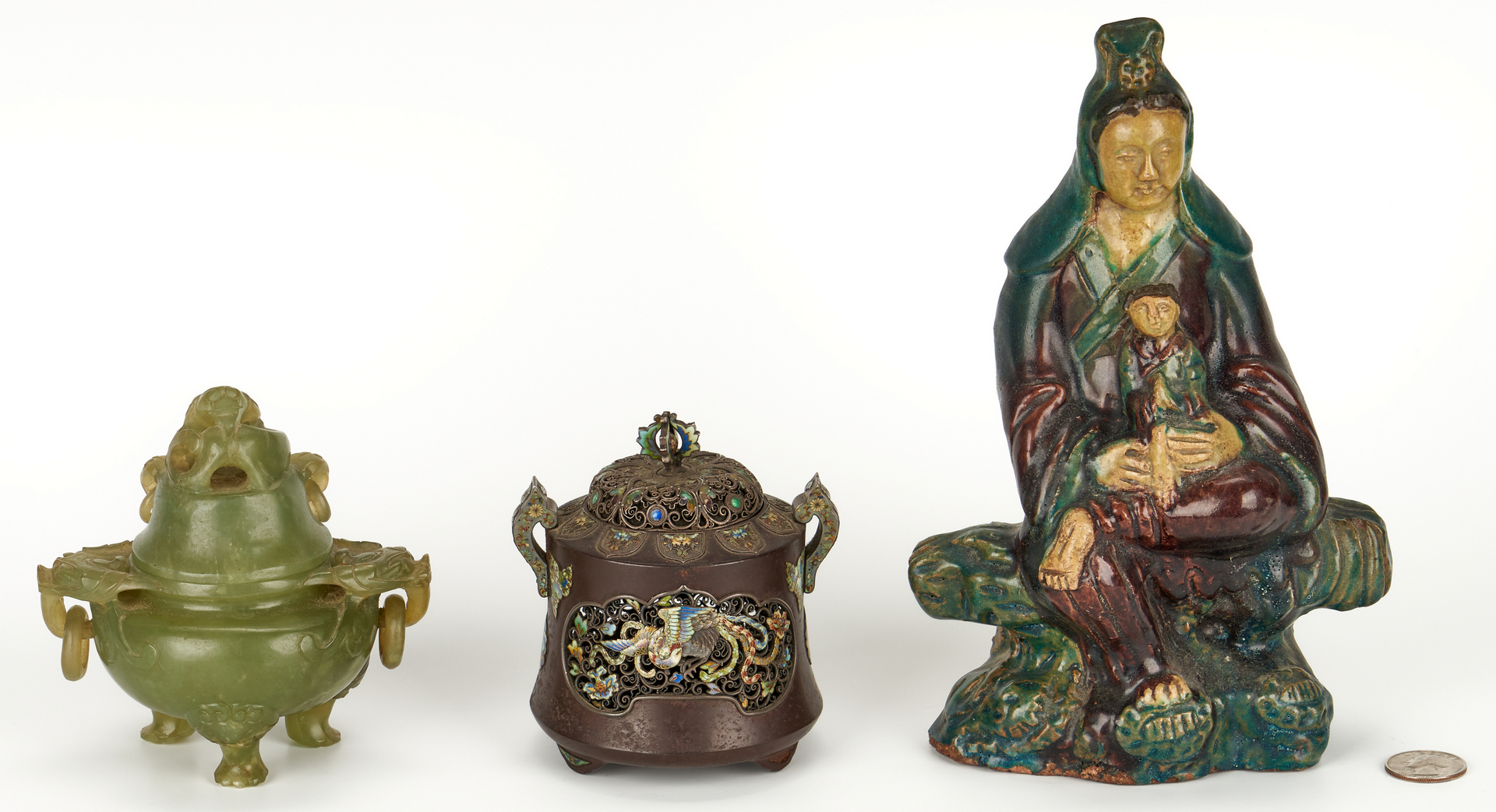 Lot 7: 2 Lidded Censers and Guanyin Figure