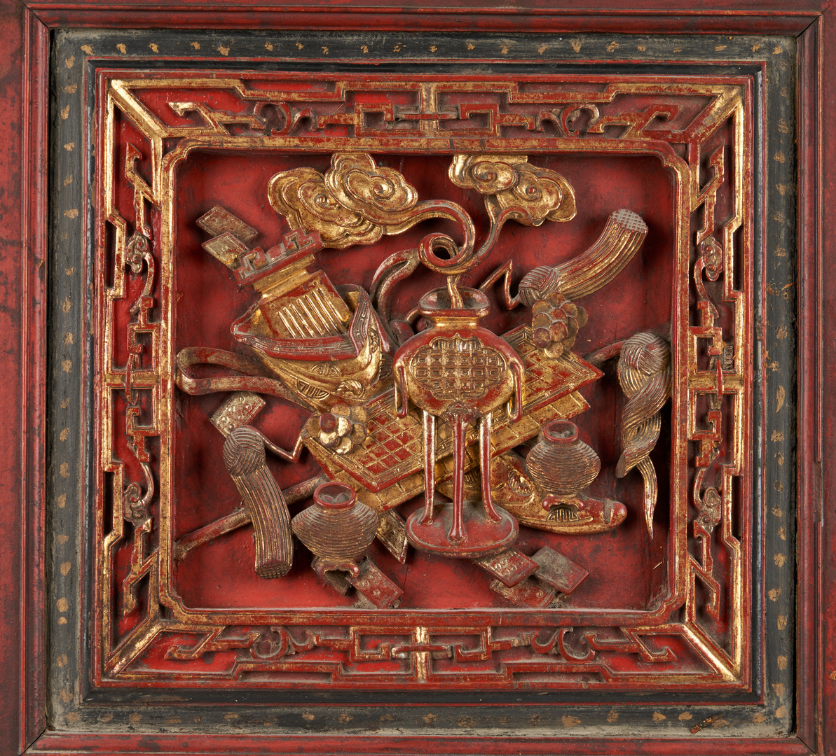 Lot 823: Pr. Chinese Red & Gilt Carved Cabinet Doors