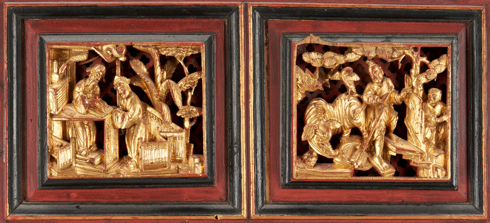 Lot 823: Pr. Chinese Red & Gilt Carved Cabinet Doors
