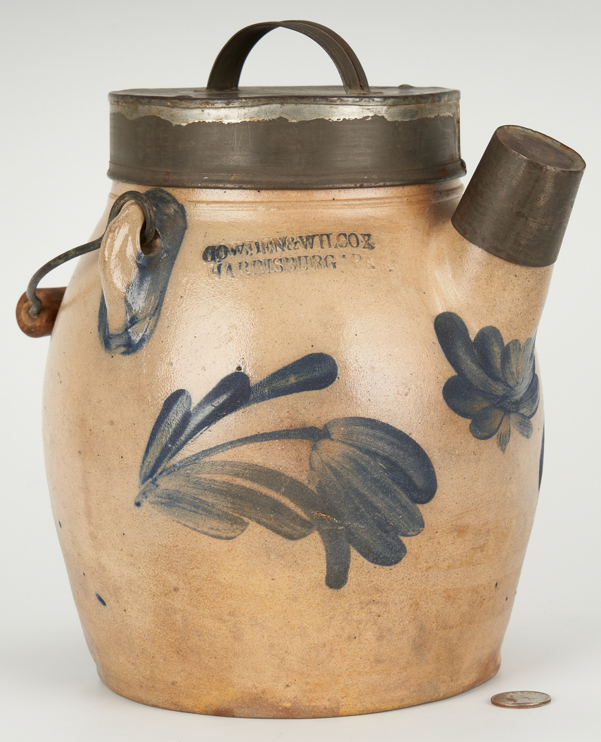 Lot 843: Cowden & Wilcox Stoneware Batter Jug with Tin Covers