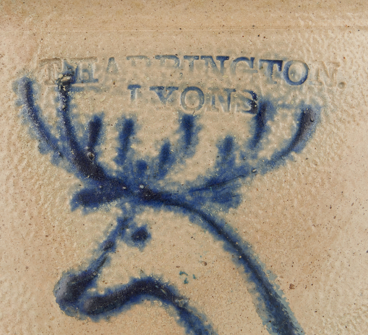 Lot 844: T. Harrington/Lyons Stoneware Crock w/ Cobalt Deer