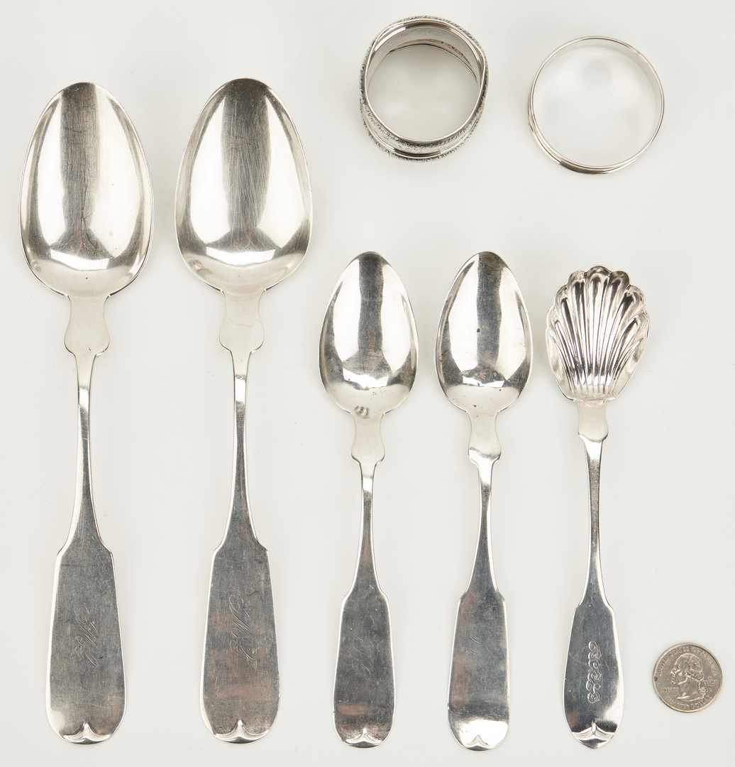 Lot 85: 5 Coin Silver Spoons incl. TN, plus 2 Napkin Rings