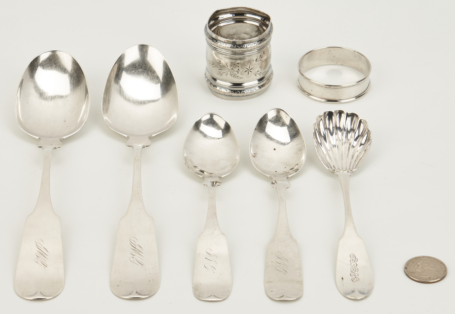 Lot 85: 5 Coin Silver Spoons incl. TN, plus 2 Napkin Rings