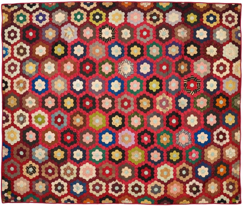 Lot 873: American Silk Mosaic or Honeycomb Pattern Quilt