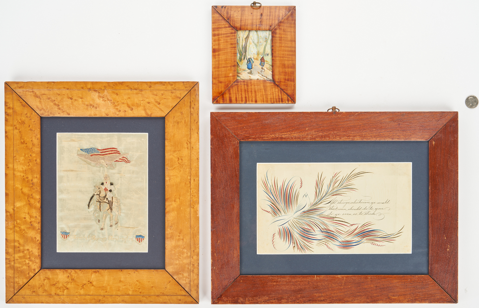 Lot 876: George Washington Embroidery, Penmanship Drawing, & Painting on Silk