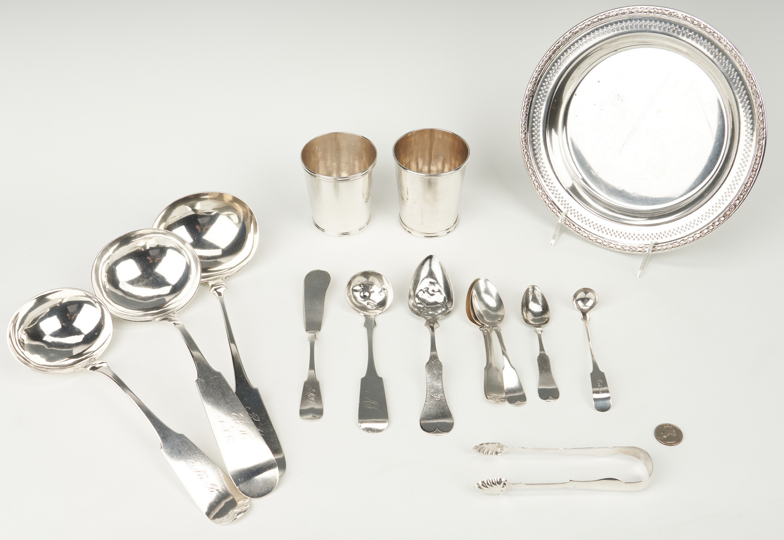 Lot 89: 15 pcs silver incl. KY and OH Julep Cups and Ladles