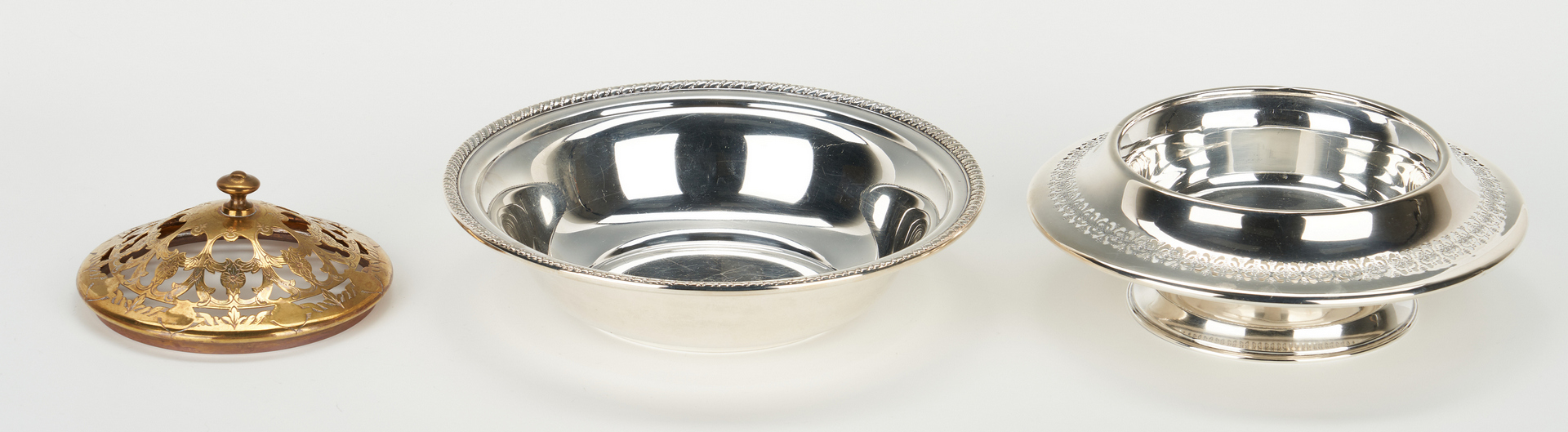 Lot 945: Sterling bowls incl. flower frog, plus candlestick lamps