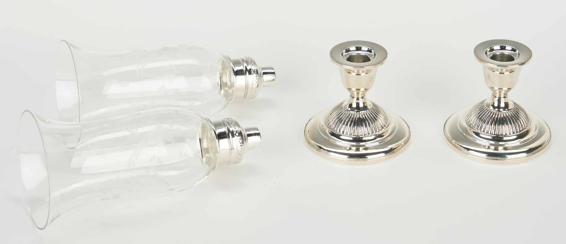 Lot 945: Sterling bowls incl. flower frog, plus candlestick lamps