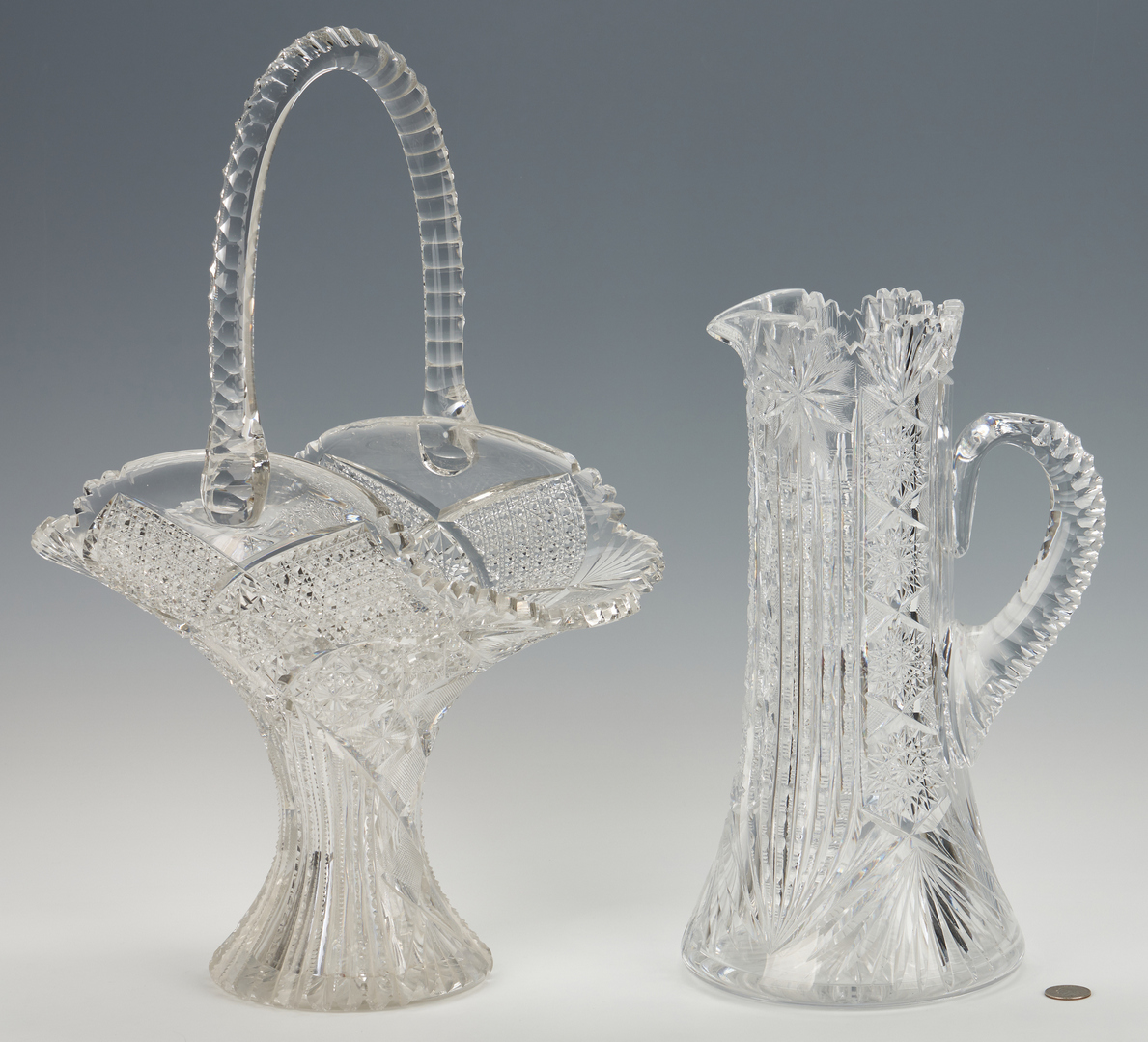 Lot 951: Large Cut Glass Flower Basket, 20"H, and Pitcher