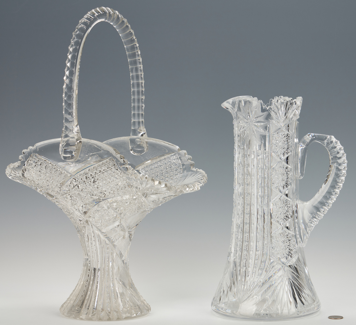 Lot 951: Large Cut Glass Flower Basket, 20"H, and Pitcher