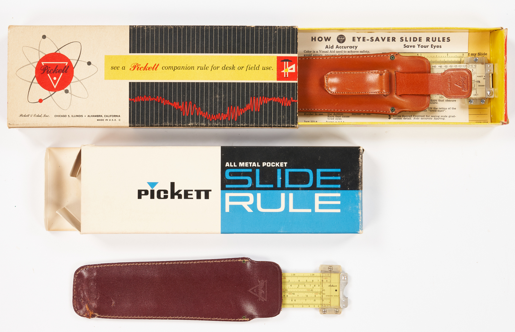 Lot 974: 7 Pickett Boxed Slide Rules, 1 Dealer's Kit