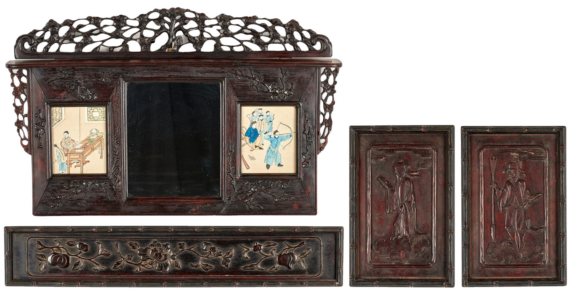Lot 994: Asian Carved Frame and Watercolors plus 3 Hardwood Plaques